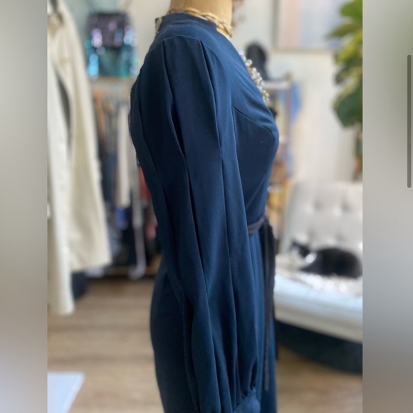 BADGLEY MISCHKA Navy Belted V-Neck Puff Sleeve Sheath Dress Size 2 - Picture 5 of 14